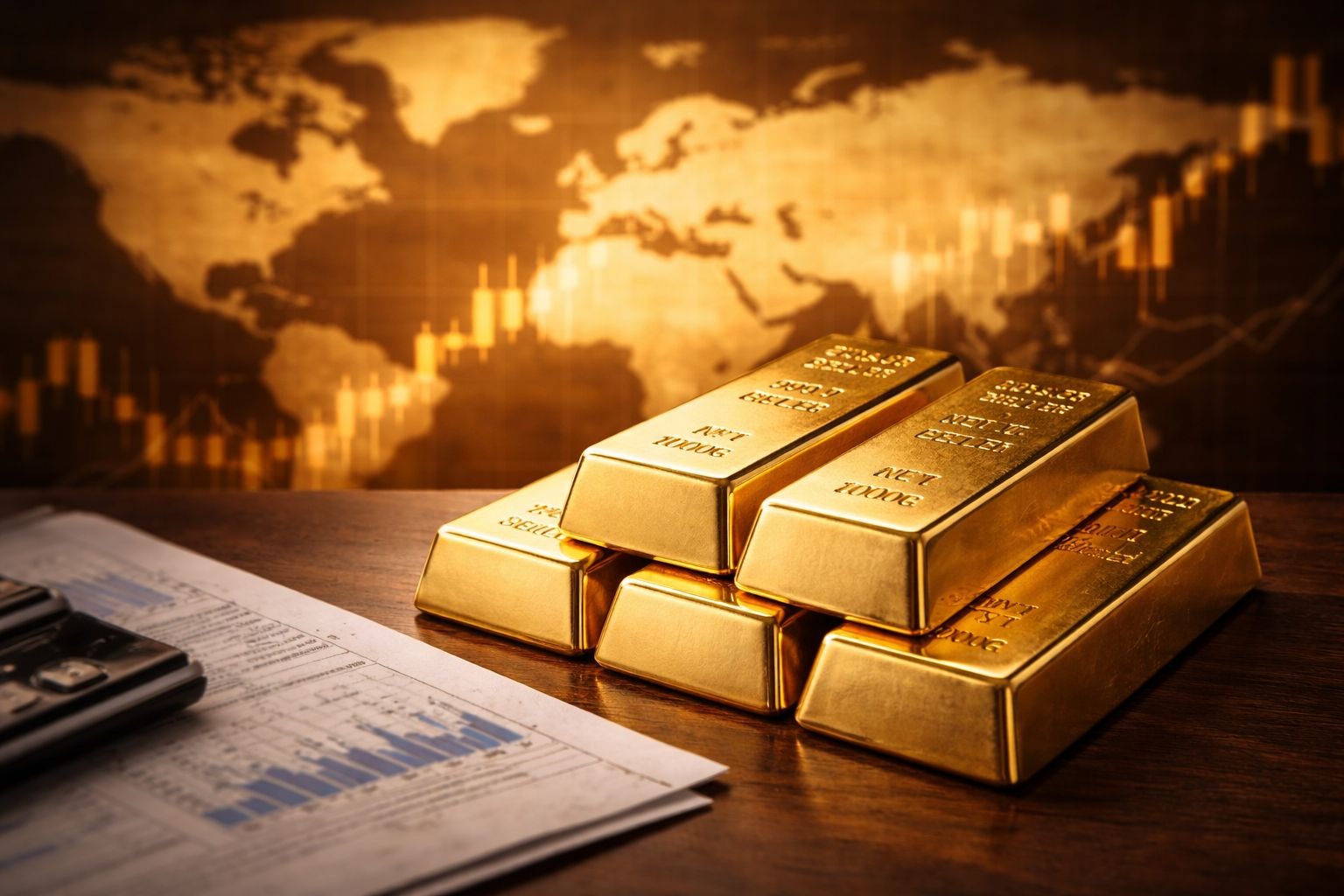 Financial planning desk with gold and market uncertainty